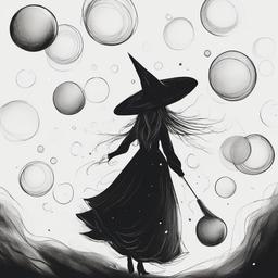 drawing of a witch surrounded by floating orbs  minimal rough sketch scribbles,doodles,black and white