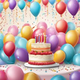 Birthday Background - Balloons and Cake at a Birthday Party  wallpaper style, intricate details, patterns, splash art, light colors
