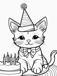 Kitty with a Birthday Hat Coloring Pages - Celebrating Kitten Wearing a Party Hat  minimal black outline printable sheet, coloring page