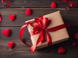 Valentines Day background - Valentines gift box with a red ribbon on a wooden table  