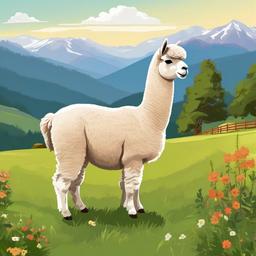 Alpaca cartoon - Alpaca grazing in a mountain pasture  