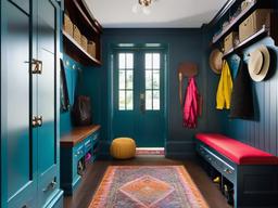 Eclectic mudroom combines unique furniture pieces, vibrant colors, and various decor styles, making it a dynamic and personalized space for storing gear.  