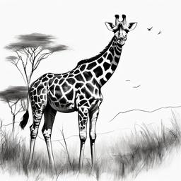 drawing of a giraffe in the savannah  minimal rough sketch scribbles,doodles,black and white