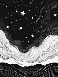 drawing of a starry night sky  minimal rough sketch scribbles,doodles,black and white