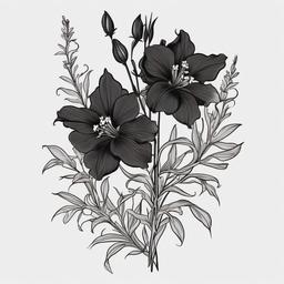 Black July Birth Flower Larkspur Tattoo-Exploring a unique and bold style with a black tattoo featuring the July birth flower, larkspur, symbolizing strong bonds and love.  simple vector color tattoo