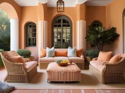 Mediterranean-style living room with Ann Sacks terracotta tiles, Serena & Lily rattan armchairs, and a custom Sunbrella striped sofa.  