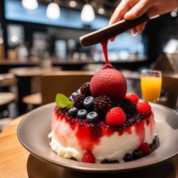 bingsu, korean shaved ice dessert, indulged at a trendy dessert cafe in seoul. 