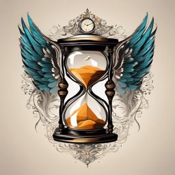 Hourglass with wings design: Time taking flight, symbolizing the fleeting nature of moments.  simple color tattoo style
