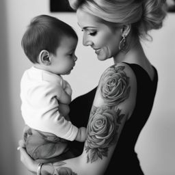 mom and son tattoos black and white design 