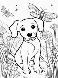 Puppy and Dragonfly Coloring Pages - Curious Puppy Watching Dragonflies  minimal black outline printable sheet, coloring page