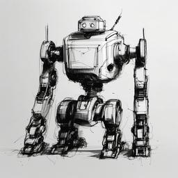 sketch of a robot  minimal rough sketch scribbles,doodles,black and white