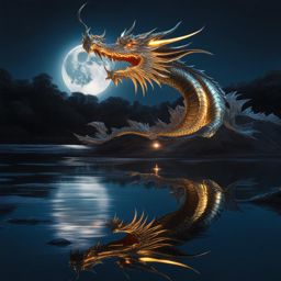 cyber dragon reflecting its metallic brilliance in a moonlit lake. 