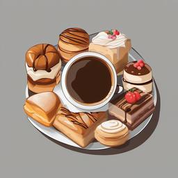 Coffee Cup clipart - coffee cup surrounded by pastries  color,minimalist,vector clipart