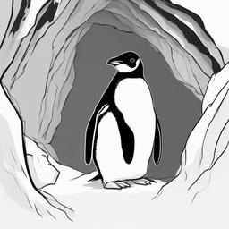 drawing of a penguin in a snowy cave  minimal rough sketch scribbles,doodles,black and white