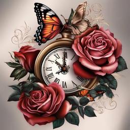 rose clock and butterfly tattoo  