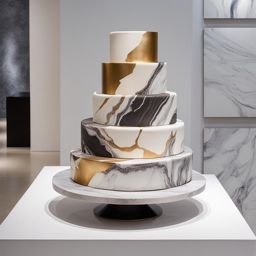 wedding marble cake in a modern art gallery: picture a marble-patterned wedding cake displayed amid contemporary artworks in a chic art gallery. 