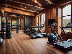 In the gym room, rustic interior design includes natural wood equipment, warm colors, and earthy accents that enhance workouts and fitness activities in a cozy setting.  