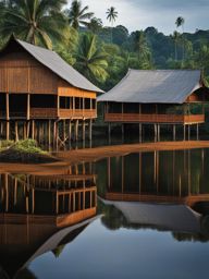 indonesian longhouses, with tribal carvings, line the rivers of borneo, indonesia. 