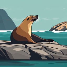 Sea Lion Clip Art - Sea lion basking on a rock,  color vector clipart, minimal style