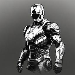 drawing of Iron Man in space  minimal rough sketch scribbles,doodles,black and white