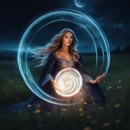 enigmatic sorceress conjuring a swirling vortex of magic in a moonlit meadow. 