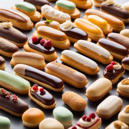 assortment of miniature éclairs, filled with a variety of flavored creams and glazes. 