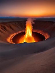 derweze, turkmenistan - create a surreal dreamscape of the darvaza gas crater, known as the door to hell, burning in the desert at night. 