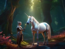Unicorn Fawn with a Radiant Cleric in a Sacred Grove detailed matte painting, deep color, fantastical, intricate detail, splash screen, complementary colors, fantasy concept art, 8k resolution trending on artstation unreal engine 5