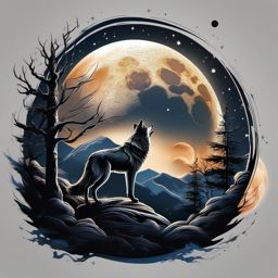 Wolf on Moon Tattoo,mystical scene in ink, wolf dwelling within the confines of the glowing moon. , color tattoo design, white clean background
