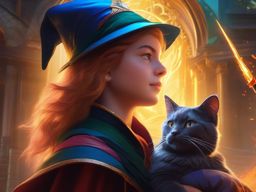Young wizard's spell backfires, turning their cat into a talking, sarcastic companion. hyperrealistic, intricately detailed, color depth,splash art, concept art, mid shot, sharp focus, dramatic, 2/3 face angle, side light, colorful background