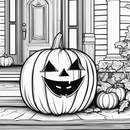 pumpkin coloring pages - a carved pumpkin with a spooky grin sits on a doorstep. 