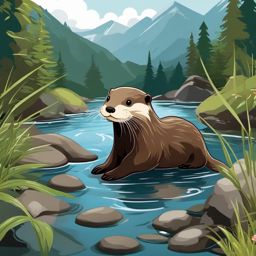 Cute Otter in a Clear Mountain Stream  clipart, simple