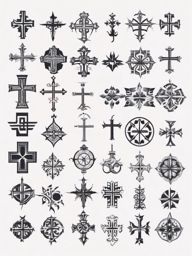 Cross tattoo designs: Varied crosses, each telling a story of faith, strength, or personal significance.  color tattoo style, minimalist, white background