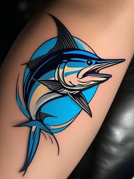 Blue Marlin Tattoo-Bold and dynamic tattoo featuring a blue marlin, capturing the speed and power of this iconic fish.  simple color vector tattoo