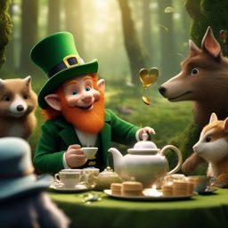 Mischievous leprechaun causes chaos during a tea party with talking animals in a magical forest.  8k, hyper realistic, cinematic