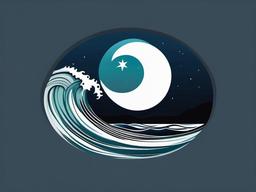 Wave and Moon Tattoo - Capture the serene beauty of waves under the moonlight with a wave and moon tattoo.  simple vector color tattoo,minimal,white background