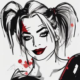 drawing of Harley Quinn with bright makeup  minimal rough sketch scribbles,doodles,black and white