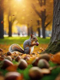 squirrel collecting acorns in a bustling city park 8k ultrarealistic cinematic 