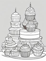 Birthday Cupcake Tower Coloring Pages - Tower of Yummy Cupcakes  minimal black outline printable sheet, coloring page