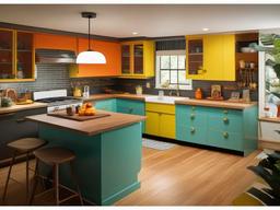 Mid-century modern kitchen features retro-inspired appliances, simple lines, and bold colors, creating a nostalgic and cheerful atmosphere.  