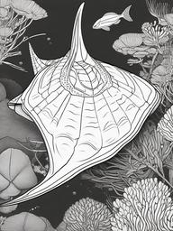 Stingray Coloring Pages - Flat Ocean Dweller with Long Tail  black outline printable sheet, coloring page