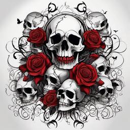 lots of skulls with many dark red roses, black vines, and white crosses tattoo sleeve  ,tattoo design, white background