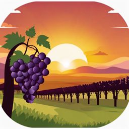 Grapes in Vineyard with Sunset Clipart - Grapes hanging in a vineyard at sunset.  color vector clipart, minimal style