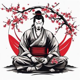 Samurai tattoo meditating under a blossoming cherry tree.  color tattoo,minimalist,white background