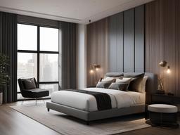 The master bedroom embraces urban modern interior design with a cozy seating area, large windows, and chic bedding that creates a restful and stylish haven.  