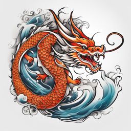 Dragon and koi fish tattoo, Creative tattoos that blend the power of dragons with the beauty of koi fish.  color, tattoo style pattern, clean white background