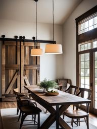 rustic farmhouse dining room with a reclaimed wood table and barn doors. 