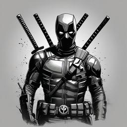 drawing of Deadpool with his katanas ready  minimal rough sketch scribbles,doodles,black and white