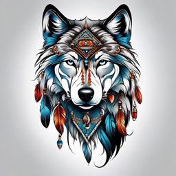 Indian Wolf Tattoo,tattoo inspired by indigenous cultures and featuring the majestic wolf. , color tattoo design, white clean background