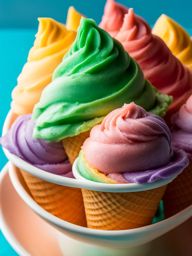 rainbow sherbet scooped onto a cone during a vibrant summer carnival. 